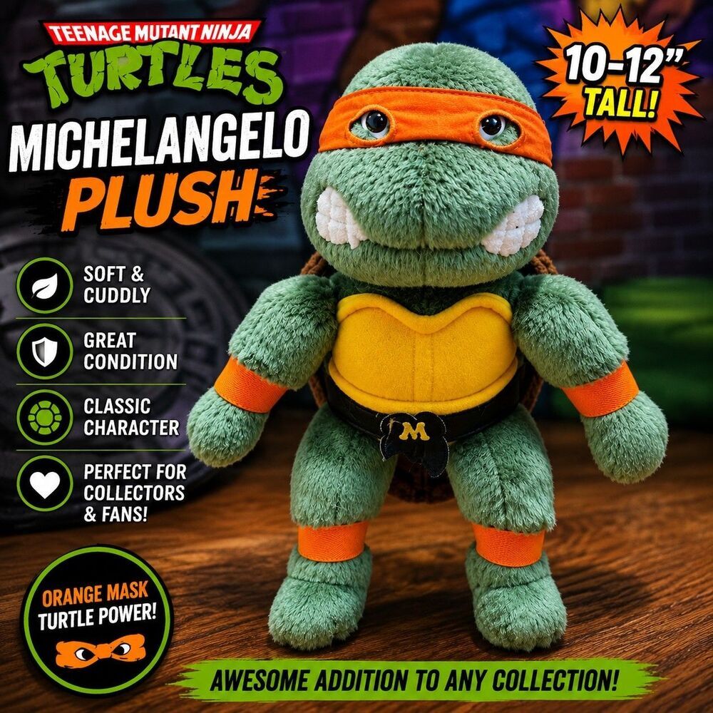 Teenage Mutant Ninja Turtles Michelangelo Plush Stuf Animal Orange Mask 10" Tmnt